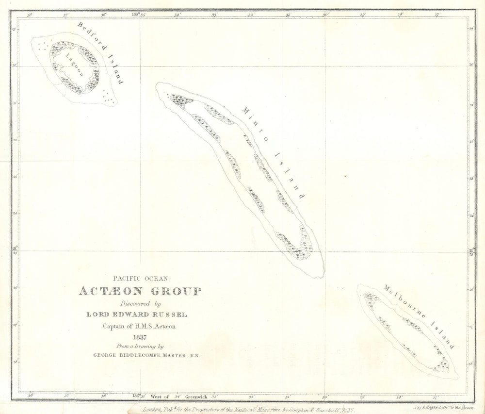 Actaeon/Acteon Group discovered by Lord Edward Russell—French Polynesia 1838 map