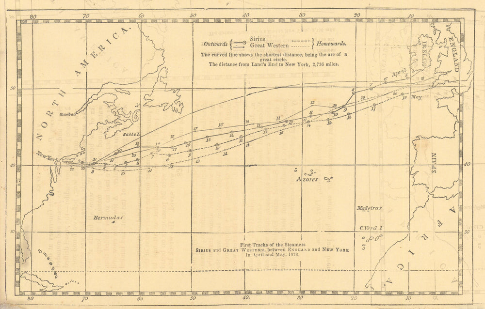 SS Great Western & Sirius maiden voyage—map & report of arrival in New York 1838