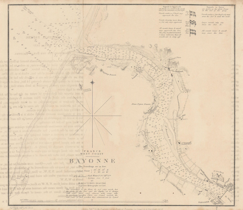 Bayonne, Adour estuary & Biarritz by M. Beautemps Beaupré 1839 old antique map