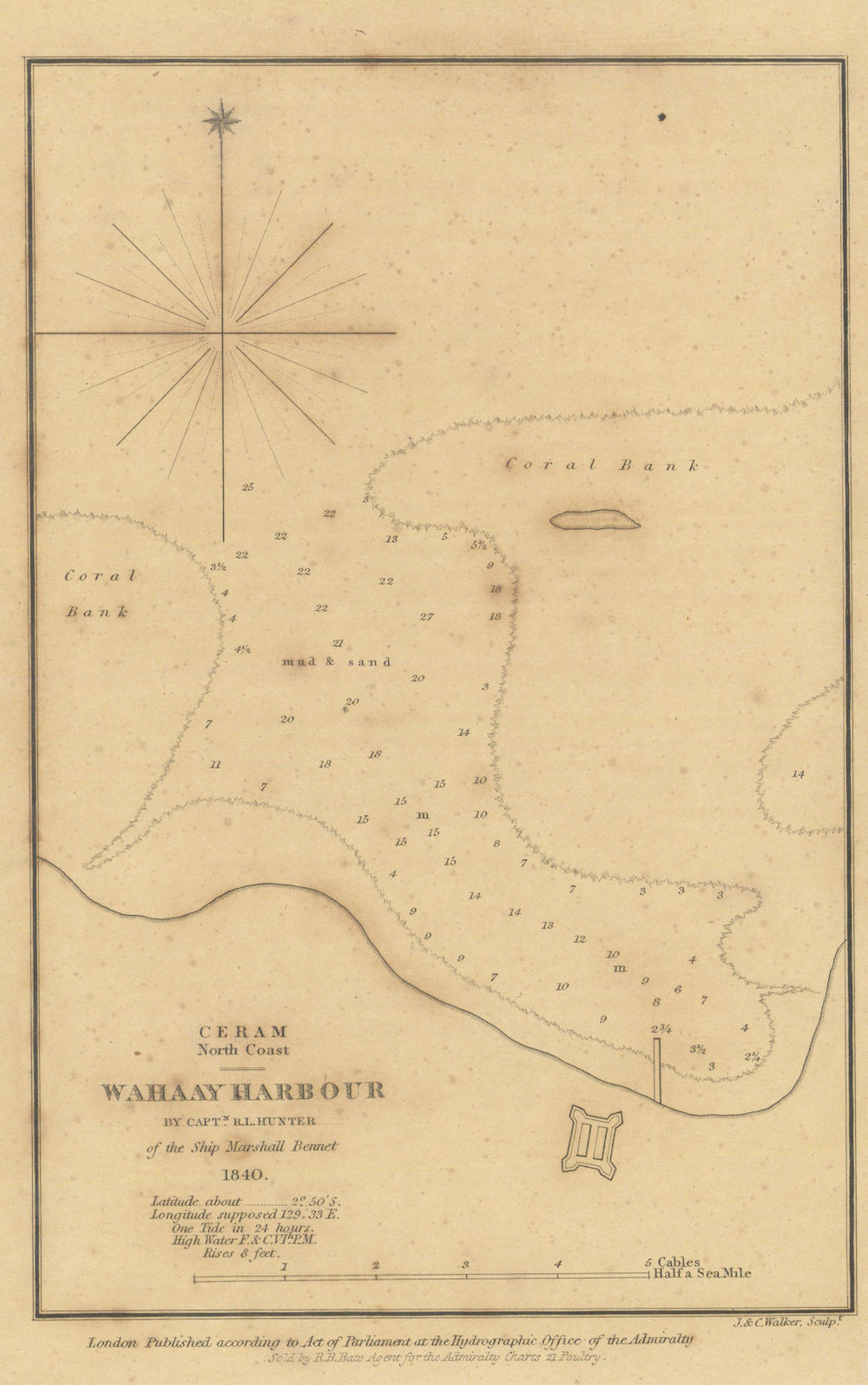 Ceram North Coast — Wahaay Harbour by RL Hunter — Wahai, Seram, Maluku 1842 map
