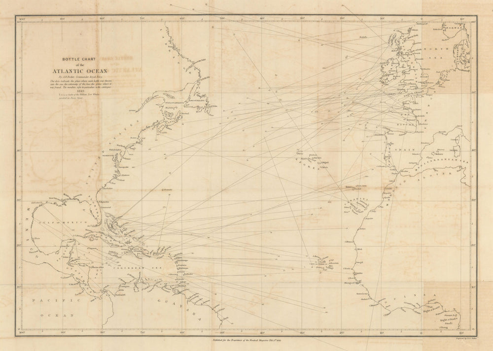 Bottle Chart of the Atlantic Ocean by A. B. Becher. Oceanic currents 1843 map
