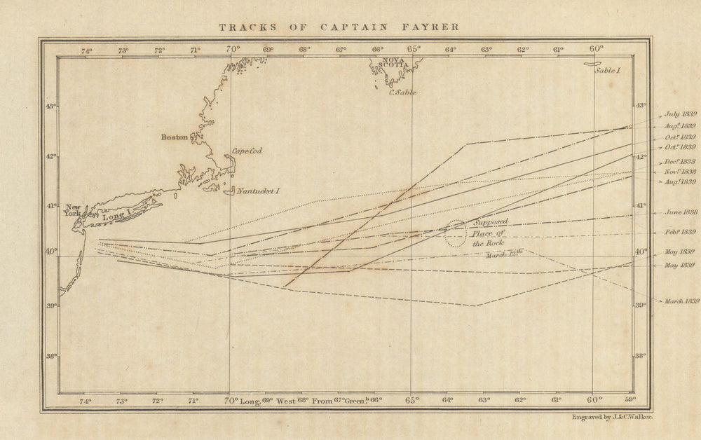 SS Liverpool tracks — Capt Fayrer—The first 2-funnel Atlantic crossing  1847 map