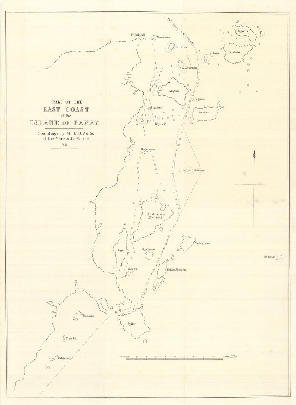 Part of the East Coast of Panay. Soundings by Mr EB Wolfe — Philippines 1852 map
