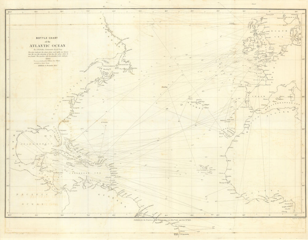 Bottle Chart of the Atlantic Ocean by A. B. Becher. Oceanic currents 1852 map