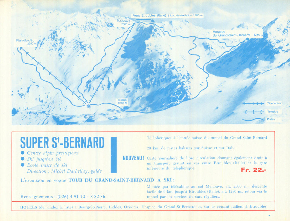 Super Saint-Bernard – Switzerland Suisse Schweiz ski piste/trial map 1969