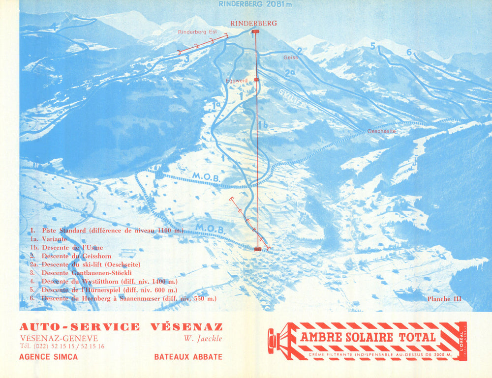 Rinderberg – Gstaad – Switzerland Suisse Schweiz ski piste/trial map 1969