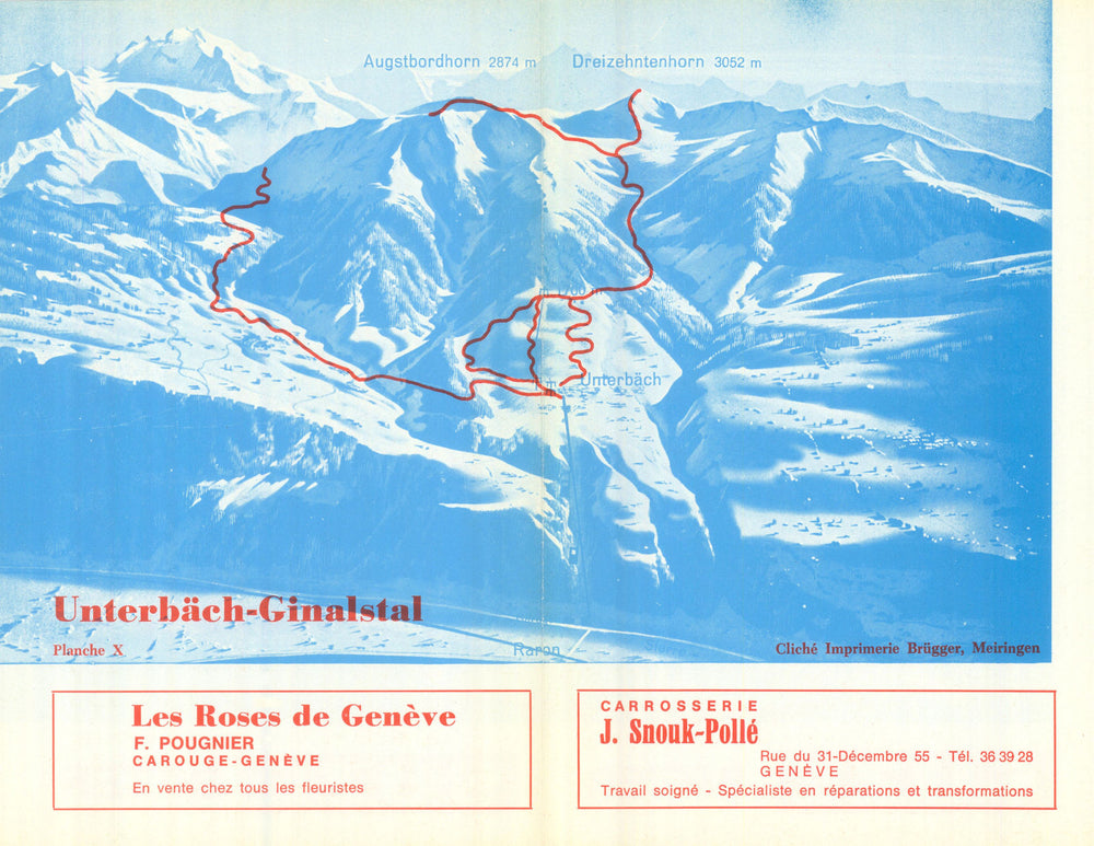 Unterbäch-Ginalstal – Switzerland Suisse Schweiz ski piste/trial map 1969