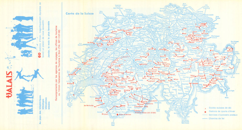Carte de la Suisse – Switzerland Schweiz winter sports/ski resorts 1969 map