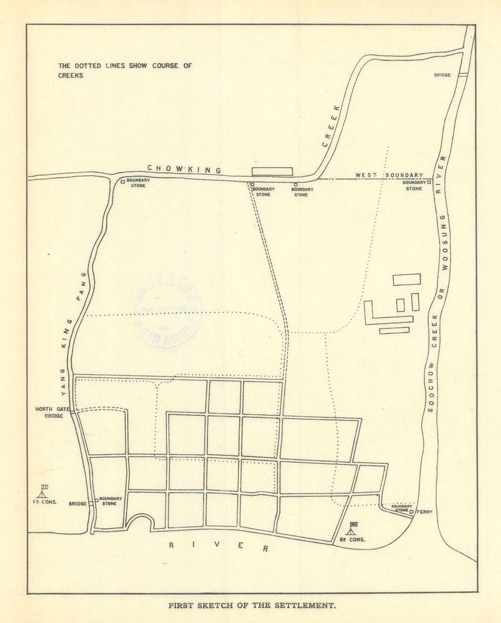 "First sketch of the settlement" of Shanghai, circa 1843. Anonymous 1921 map
