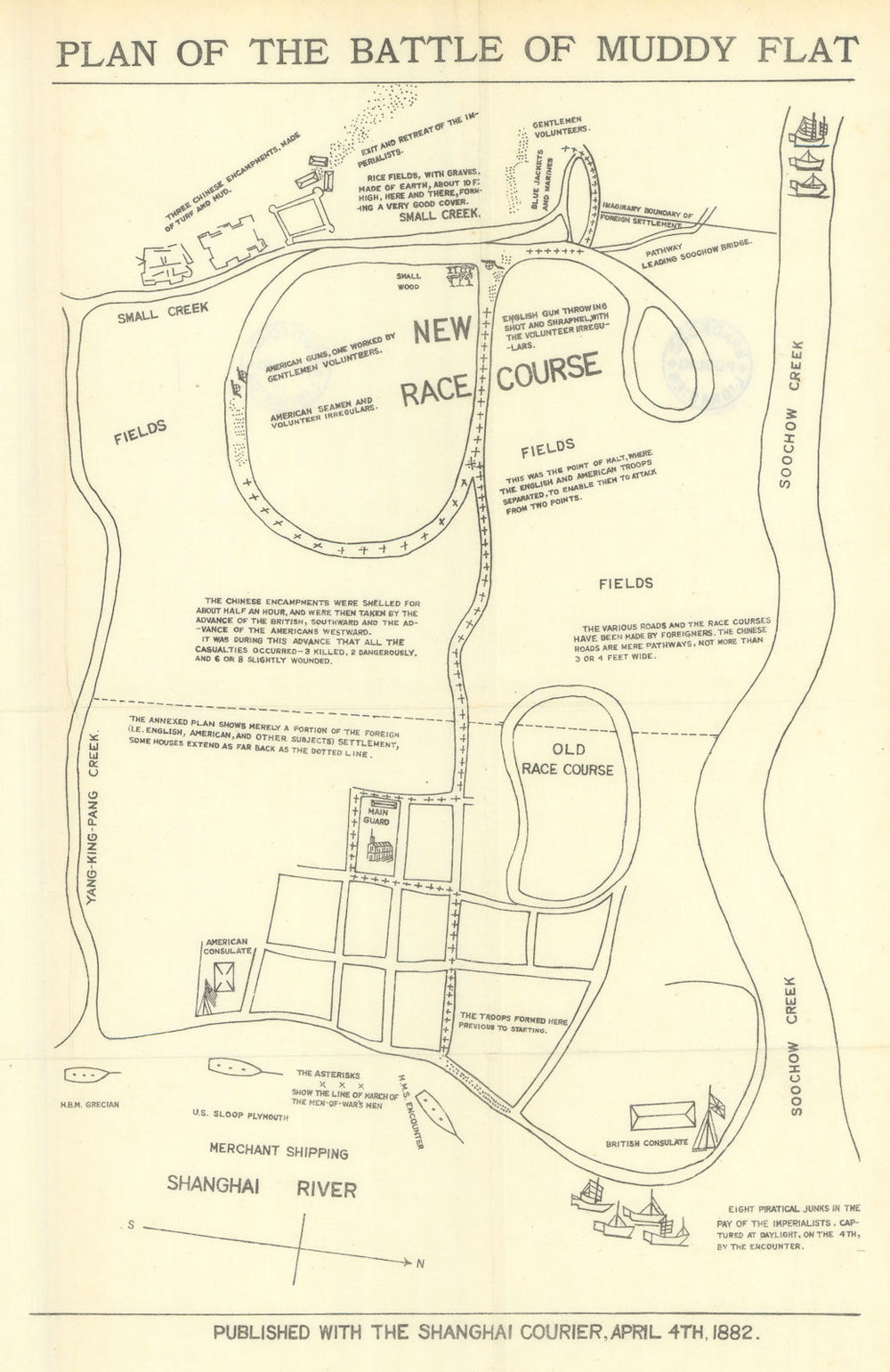 Plan of the Battle of Muddy Flat, Shanghai, 1854. Shanghai Courier 1921 map