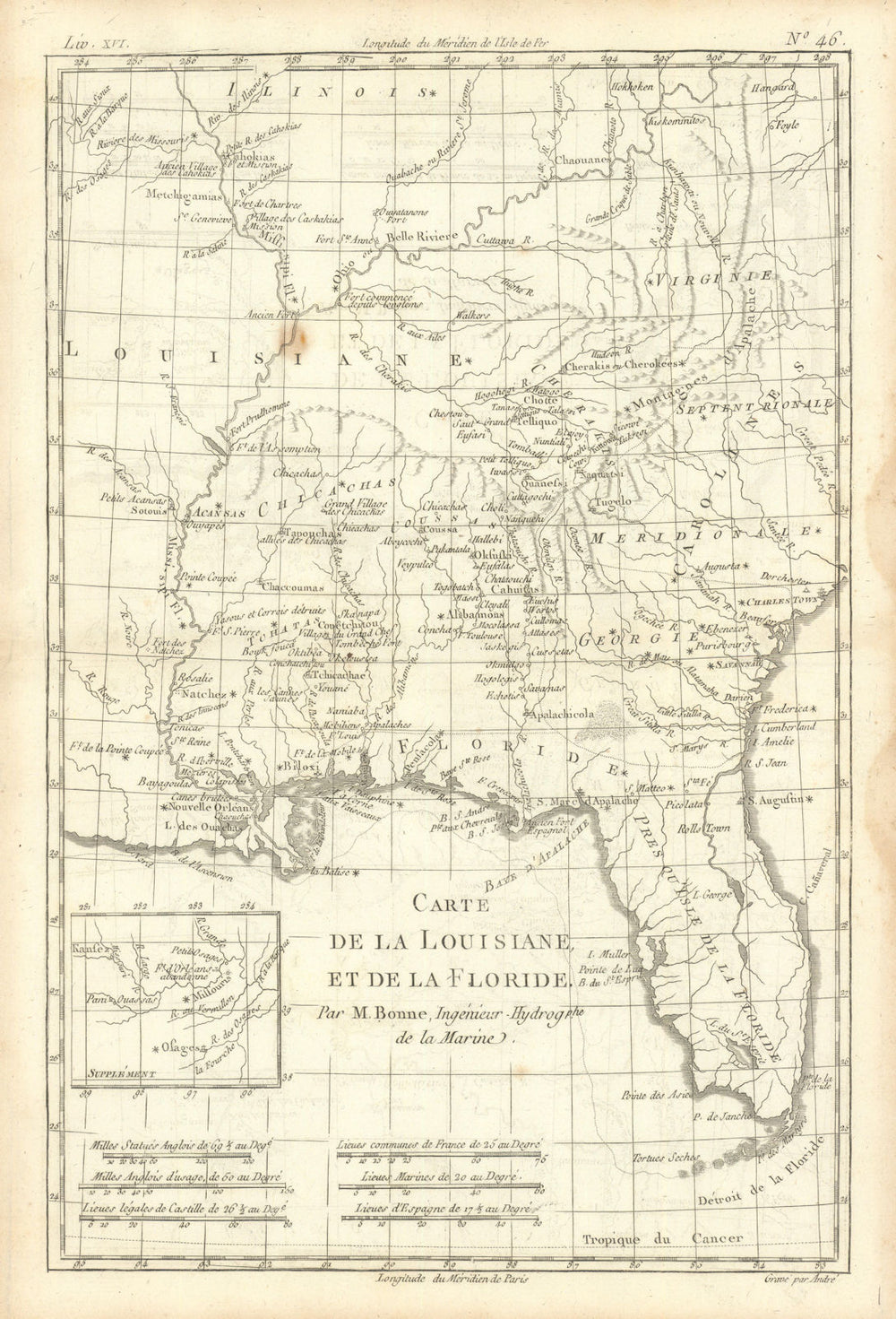 "Carte de la Louisiane et de la Floride". SE USA Florida. BONNE 1780 old map