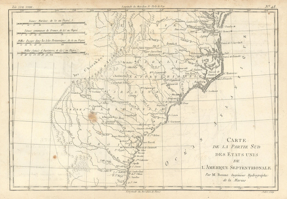 Partie Sud des Etats Unis de l'Amérique Septentrionale. Carolinas BONNE 1780 map