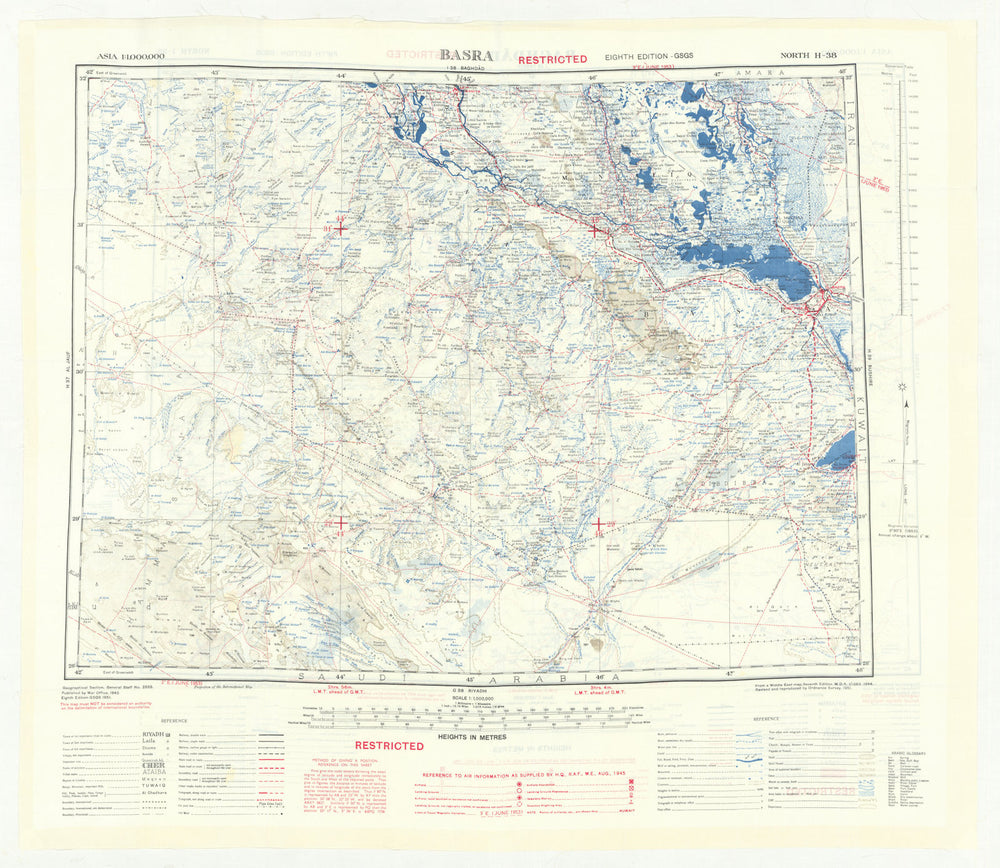 GSGS Restricted Cold War silk escape/evasion map—N-H-38—Basra—Baghdad—Iraq 1953