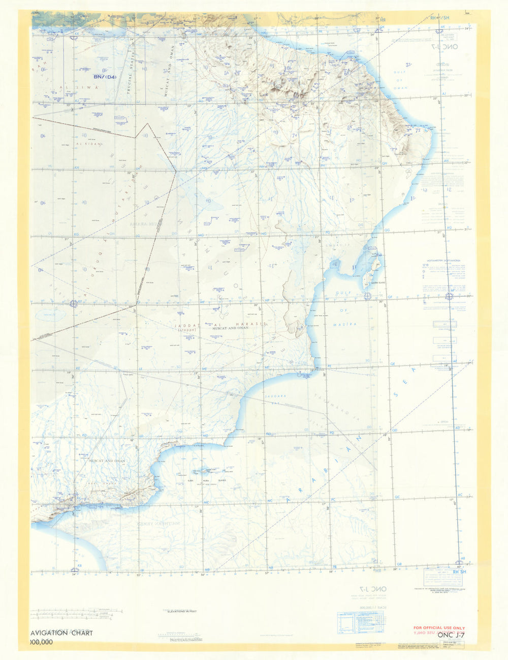 USAF Cold War silk escape/evasion map—ONC-J-7—Oman—Saudi Arabia—Trucial UAE 1969
