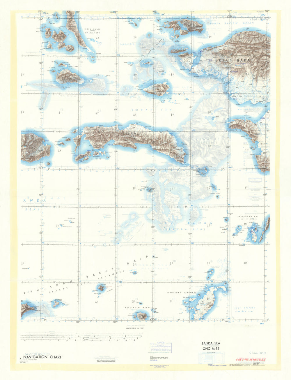 USAF Cold War silk escape/evasion map—ONC-M-12—Maluku—Sulawesi—Banda Sea 1969