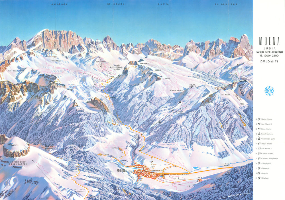 Moena—Alpe Lusia—San Pellegrino—Dolomites—Panorama and piste map—Berann 1964