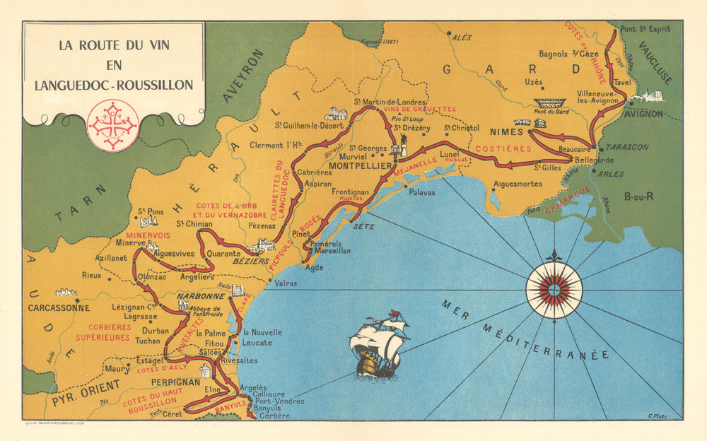 La Route du Vin en Languedoc-Roussillon—Wine region map—Minervois—Corbières 1950