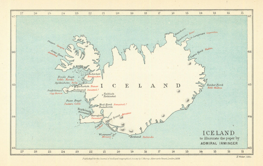 Iceland, to illustrate the paper by Admiral Carl Irminger—Zeno map—RGS 1879