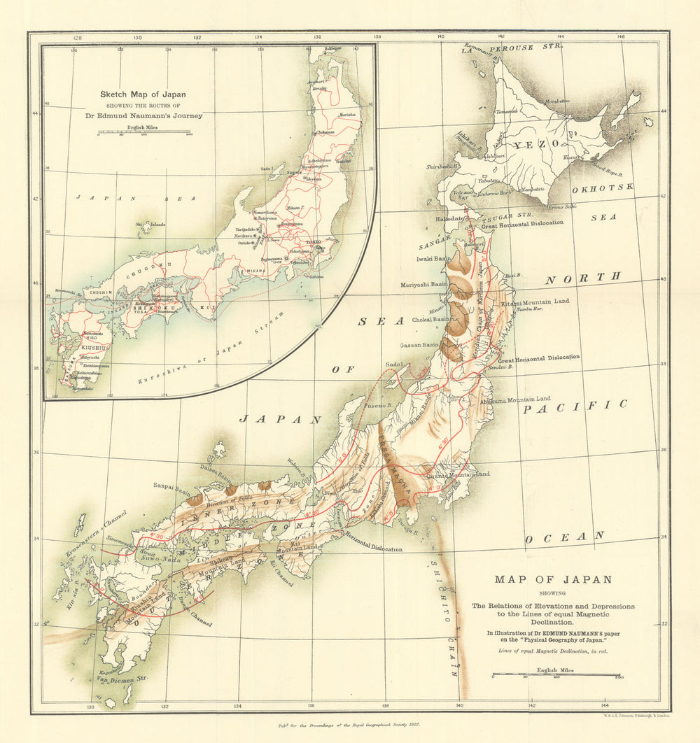 Japan showing lines of equal Magnetic Declination—H. Edmund Naumann—RGS 1887 map