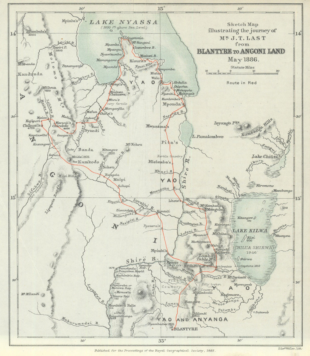 Joseph Last expedition—Blantyre to Angoni Land May 1886—Lake Malawi—RGS 1887 map