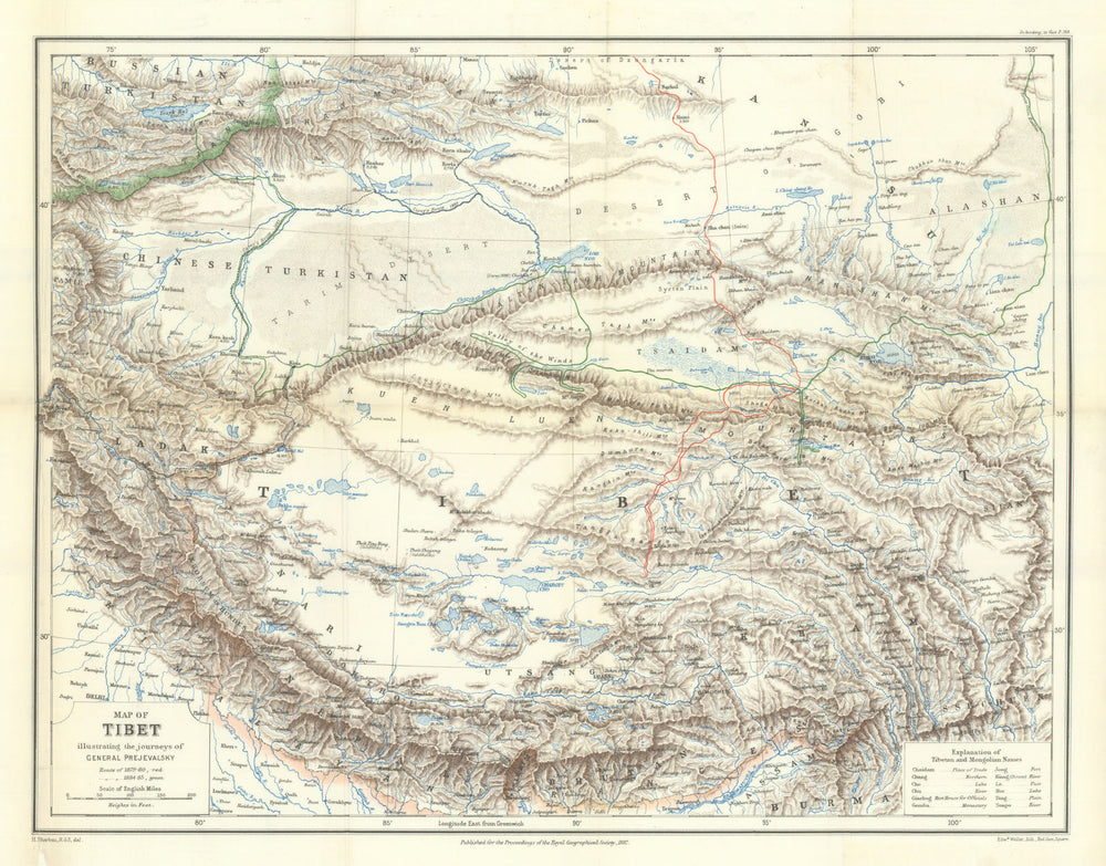 Tibet illustrating the journeys of Nikolay Przhevalsky—Great Game—RGS 1887 map