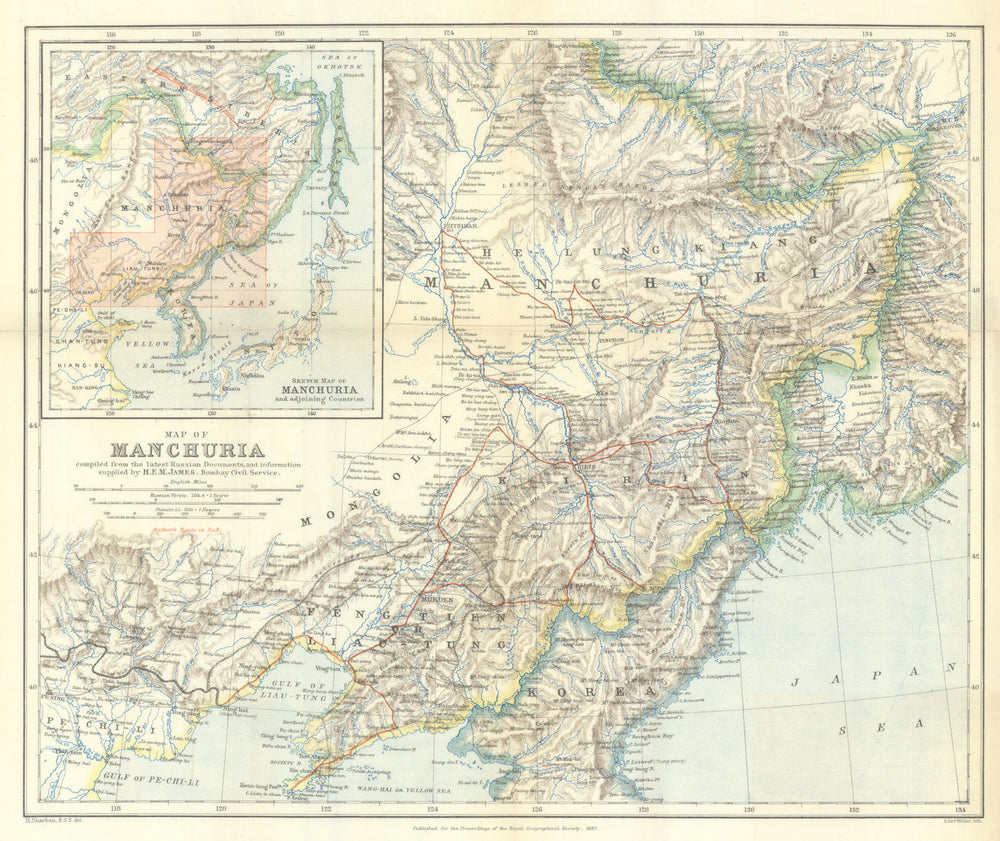 Map of Manchuria showing Henry Evan Murchison James's route—China—RGS 1887