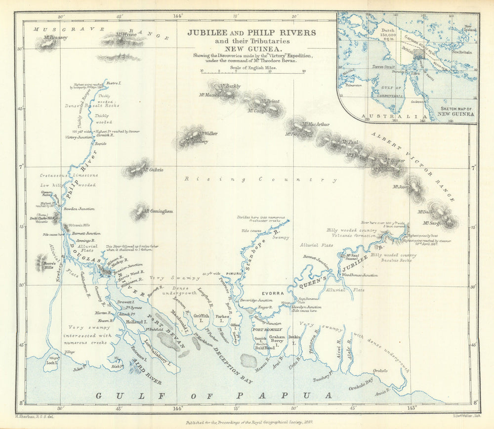 Jubilee & Philp Rivers—New Guinea—Victory Expedition—Theodore Bevan—RGS 1887 map