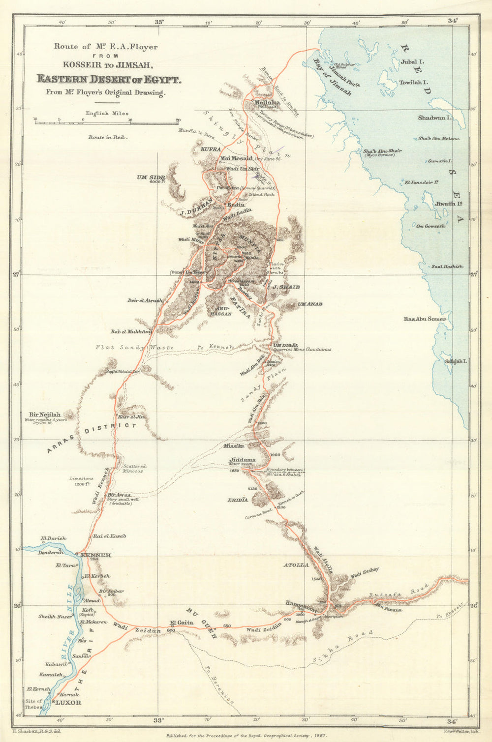 Ernest Ayscoghe Floyer Expedition—Kosseir to Jimsah—Egyptian Desert—RGS 1887 map