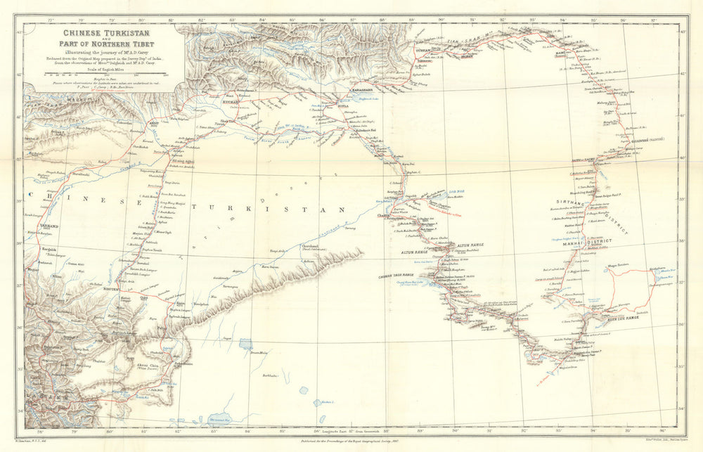 Chinese Turkistan—Northern Tibet—Arthur Carey Great Game expedition—RGS 1887 map