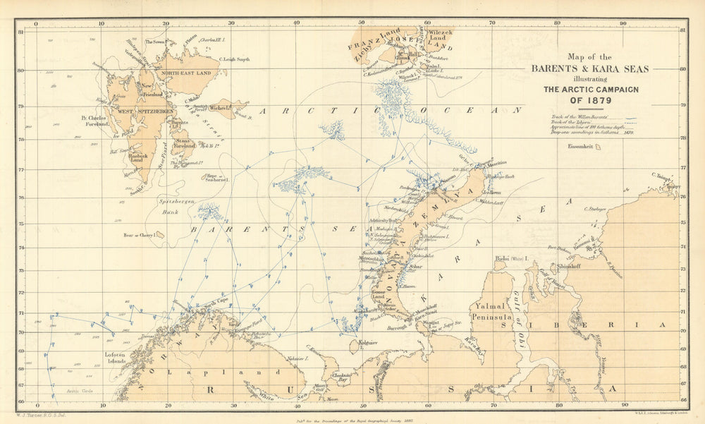 Barents & Kara Seas — Svalbard — Novaya Zemlya — RGS— Arctic Expedition 1879 map