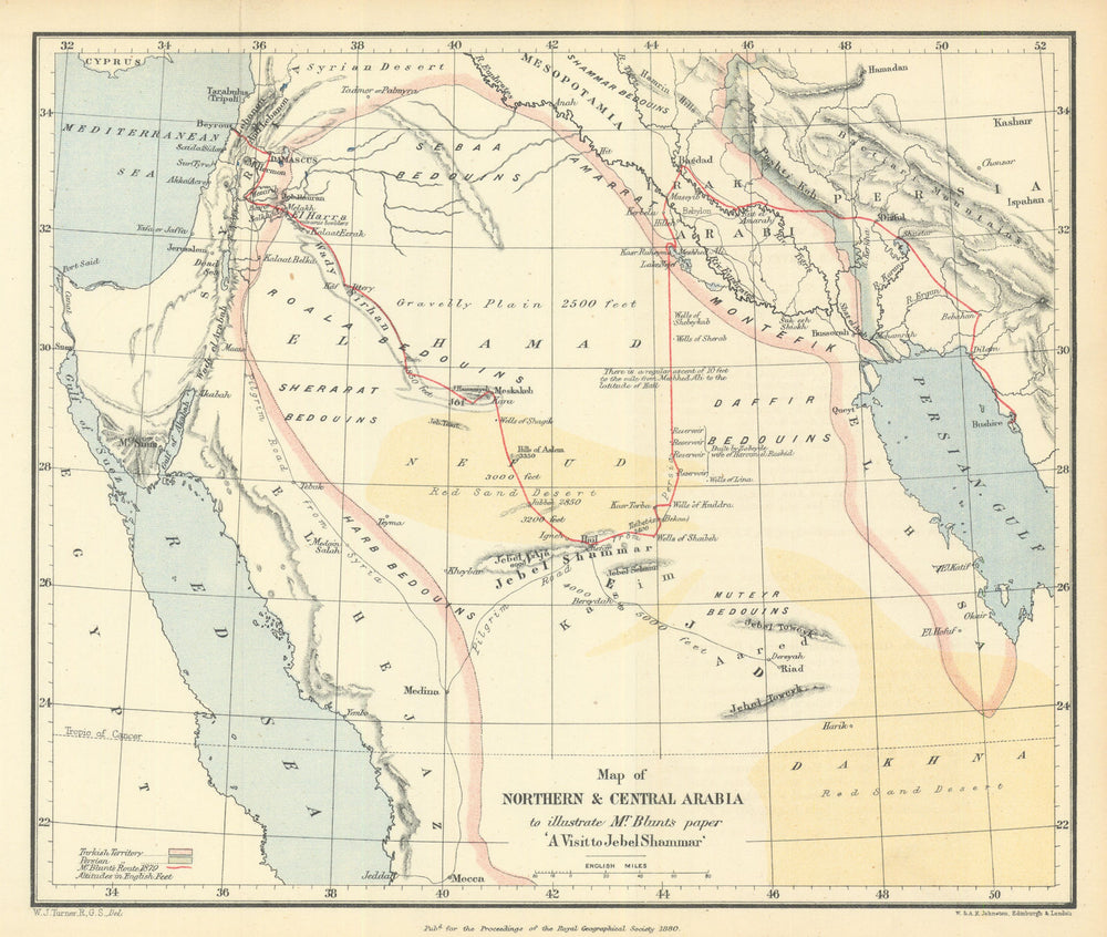 North/Central Arabia—Wilfrid Scawen Blunt—Jebel Shammar Expedition—RGS 1880 map