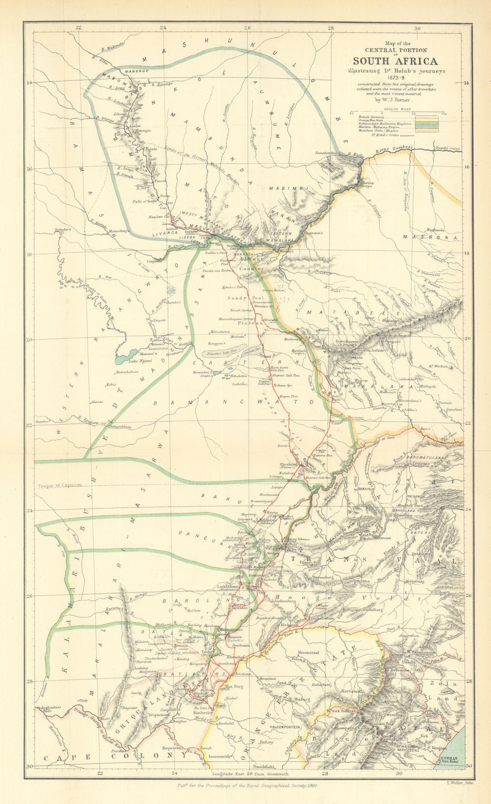 Southern Africa—Emil Holub Expeditions 1873-9 in Zambia & Botswana—RGS 1880 map