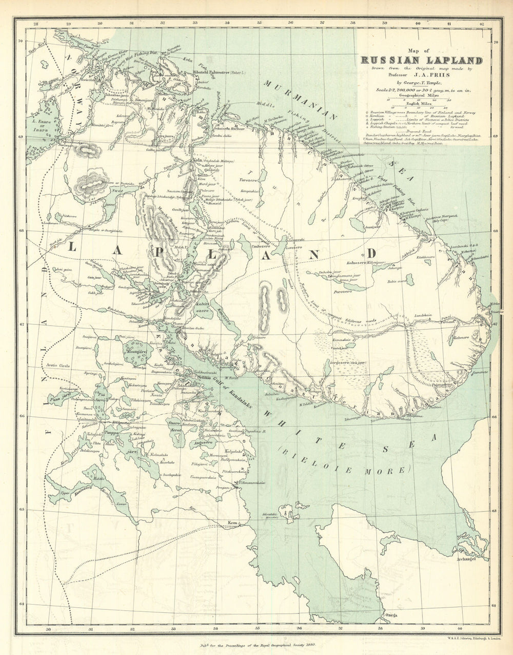 Russian Lapland—Kola Peninsula—Jens Andreas Friis & George Temple—RGS 1880 map