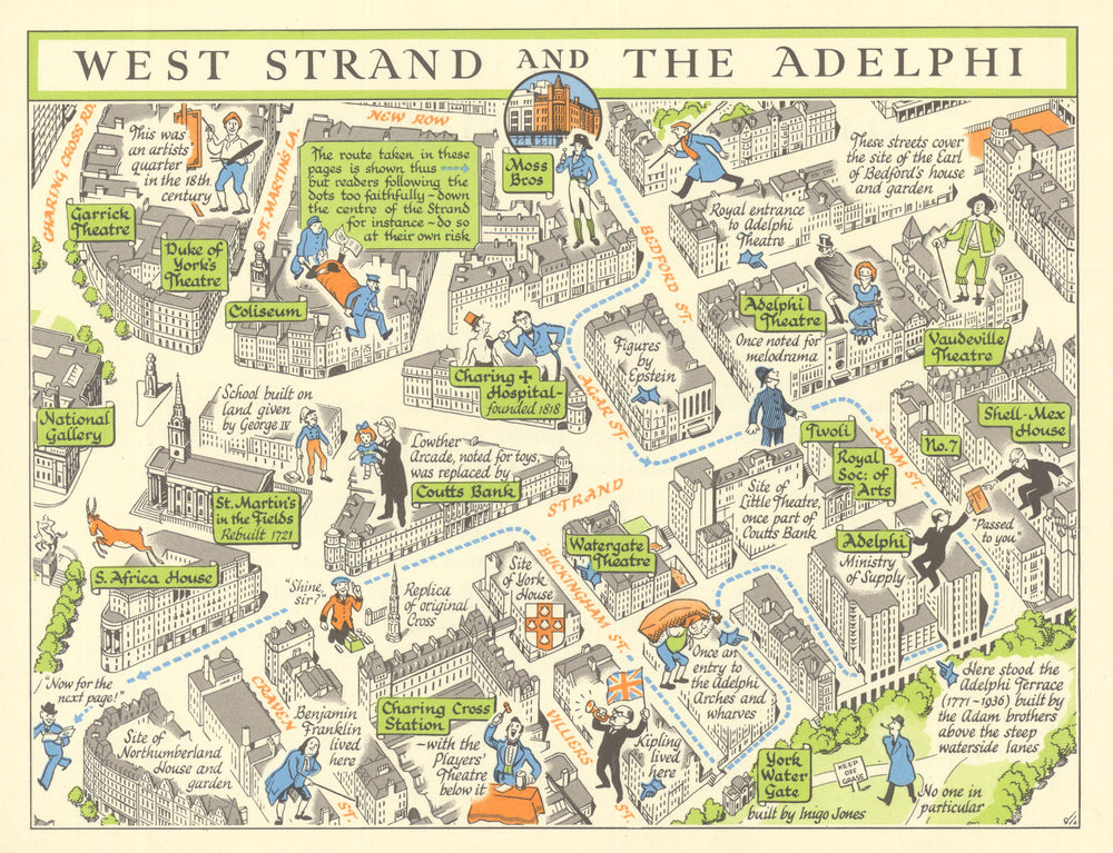West Strand & the Adelphi—Charing Cross—London pictorial map by J.P. Sayer c1947