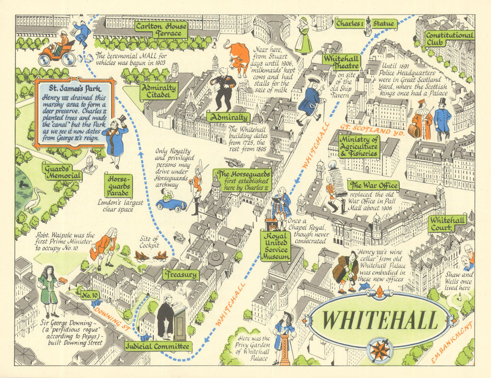 Whitehall, Downing Street & Horseguards—London pictorial map by J.P. Sayer c1947