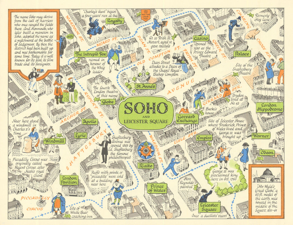 Soho, Leicester Square & Piccadilly Circus—London pictorial map—J.P. Sayer c1947