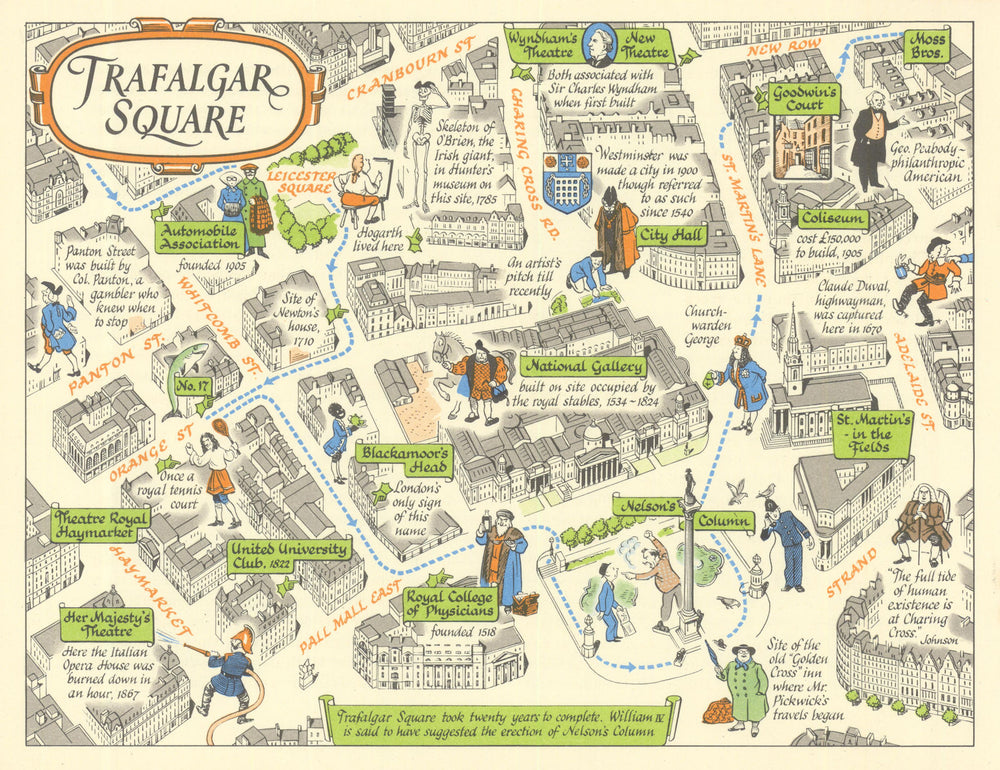 Trafalgar Square & Leicester Square—London pictorial map by J.P. Sayer c1947