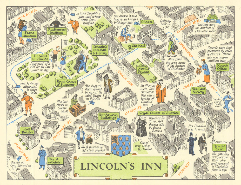 Lincoln’s Inn & Chancery Lane—Legal London pictorial map by J.P. Sayer c1947