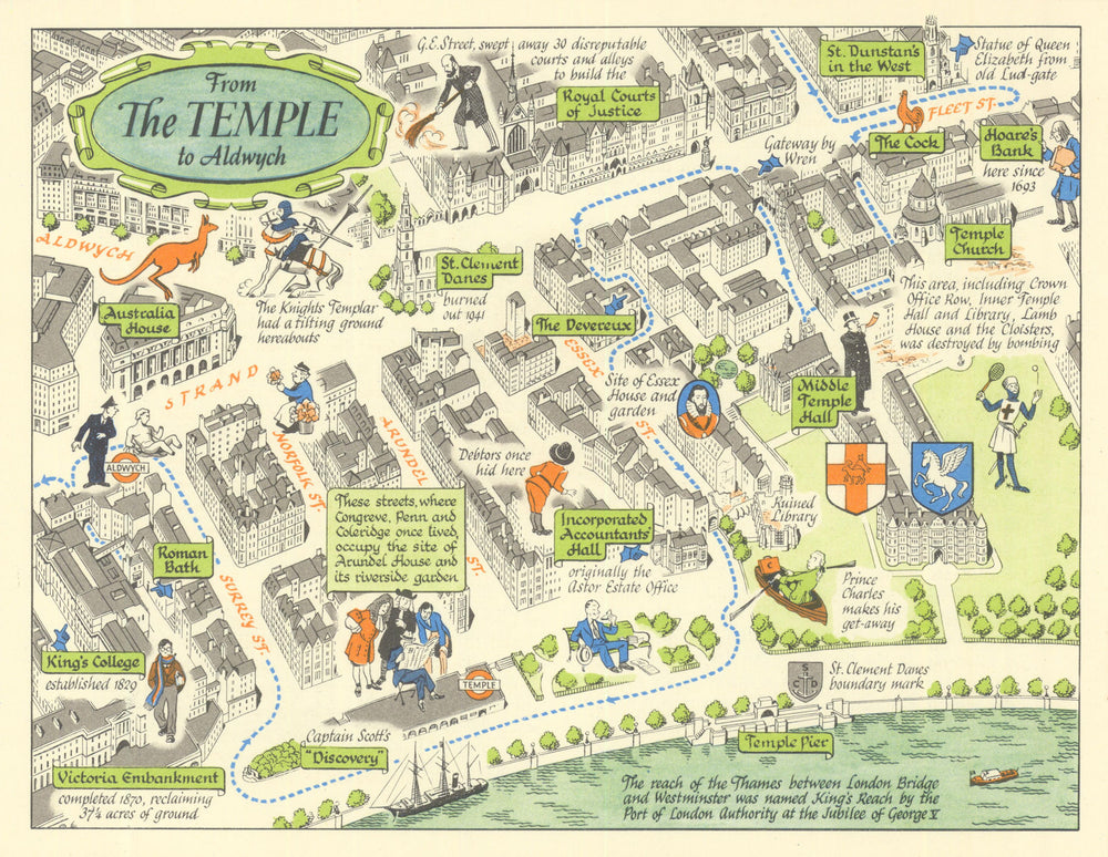 Temple to Aldwych—Strand & Fleet Street—London pictorial map by J.P. Sayer c1947