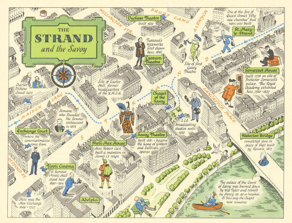 The Strand & Savoy—Aldwych & Waterloo Bridge—London pictorial map—JP Sayer c1947