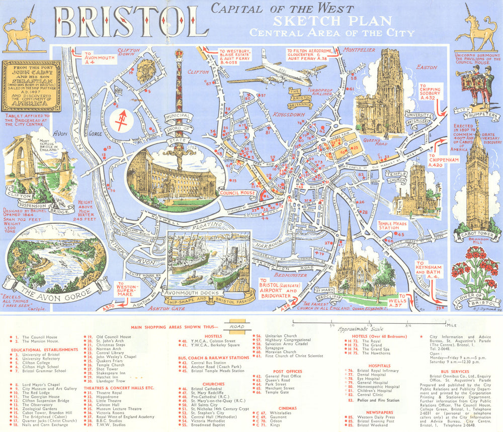 Bristol—Capital of the West—mid-century pictorial city plan—R.J. Dymond 1958 map