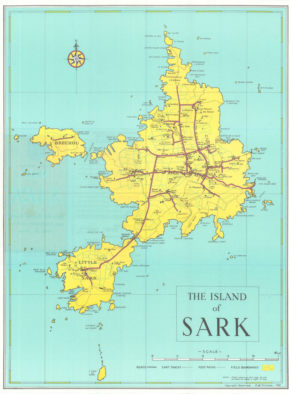 Scale Survey Map of the Island of Sark—vintage tourist map by R.M. Titford 1981