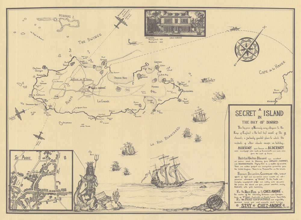 A Secret Island in the Bay of Dinard… Alderney, for Chez André Hotel c1965 map
