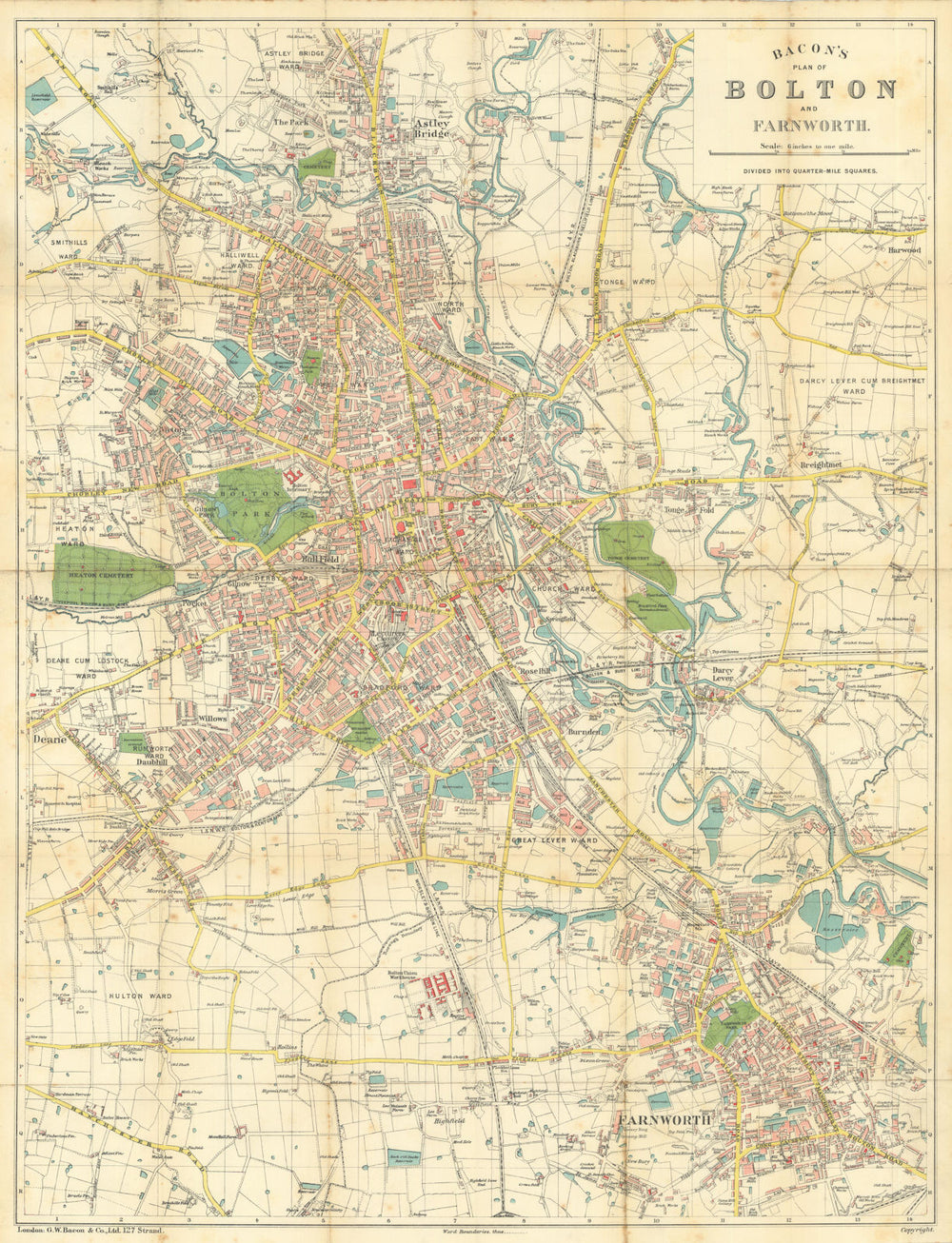 Bacon's Large Scale Plan of Bolton and Farnworth c1900 old antique map chart