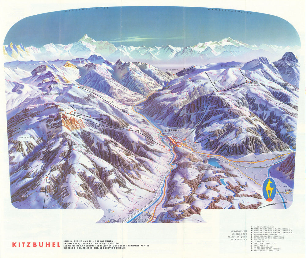 Kitzbühel—panoramic ski trail/piste bird's eye view map—Heinrich Berann 1959