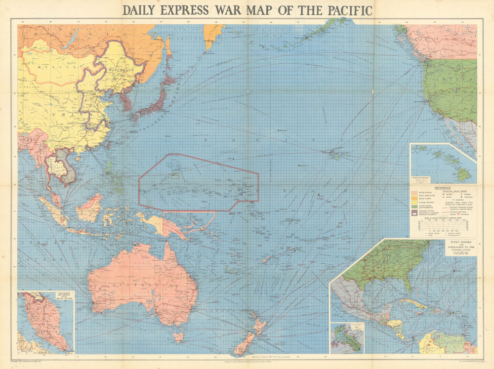 Daily Express War Map of the Pacific showing Japanese occupation countries 1941
