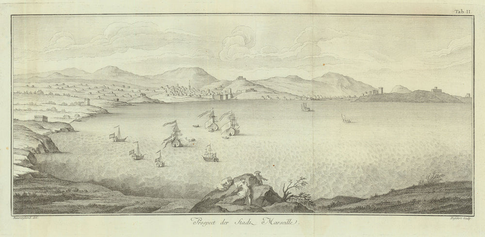 Prospect der Stadt/Bay & City of Marseille—Niebuhr/Baurenfeind 1773 old map