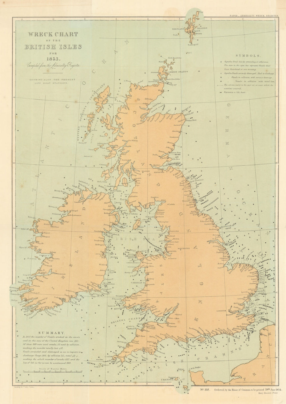 Wreck Chart of the British Isles for 1853—Admiralty—Hansard—Rex Cowan 1854 map