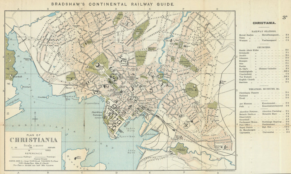 CHRISTIANIA / OSLO antique town plan city map. Norway. BRADSHAW 1902 old