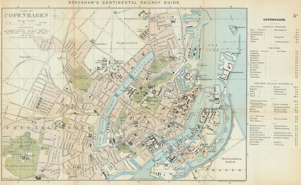 COPENHAGEN antique town plan city map. Denmark. BRADSHAW 1902 old